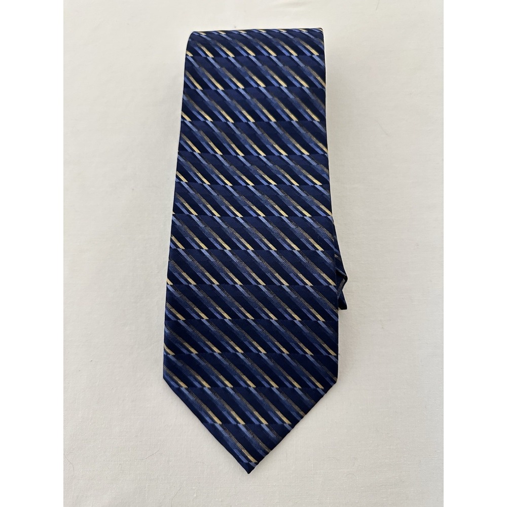Paul Dione Designer Mens Tie 100% Silk Blue & Gold Geometric Print